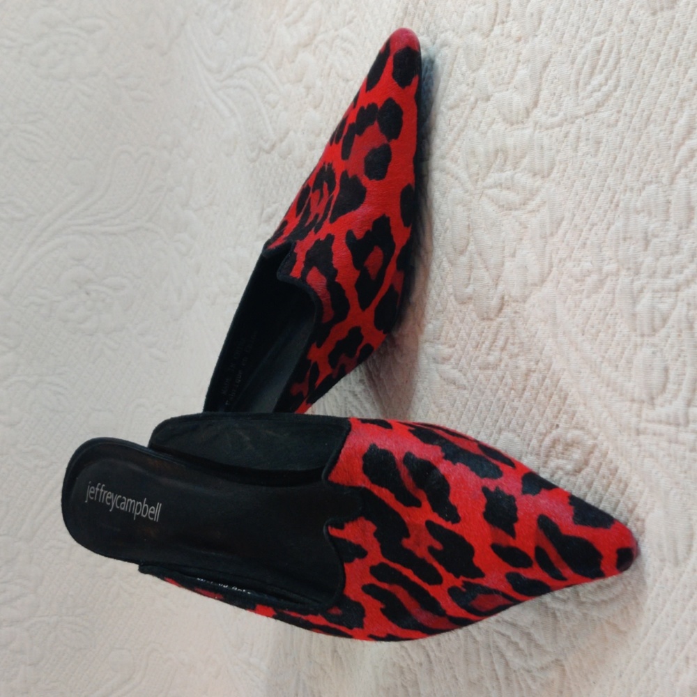 Jeffrey Campbell Red Leopard Print  Slip-on Real Cow Fur High Heel Shoes